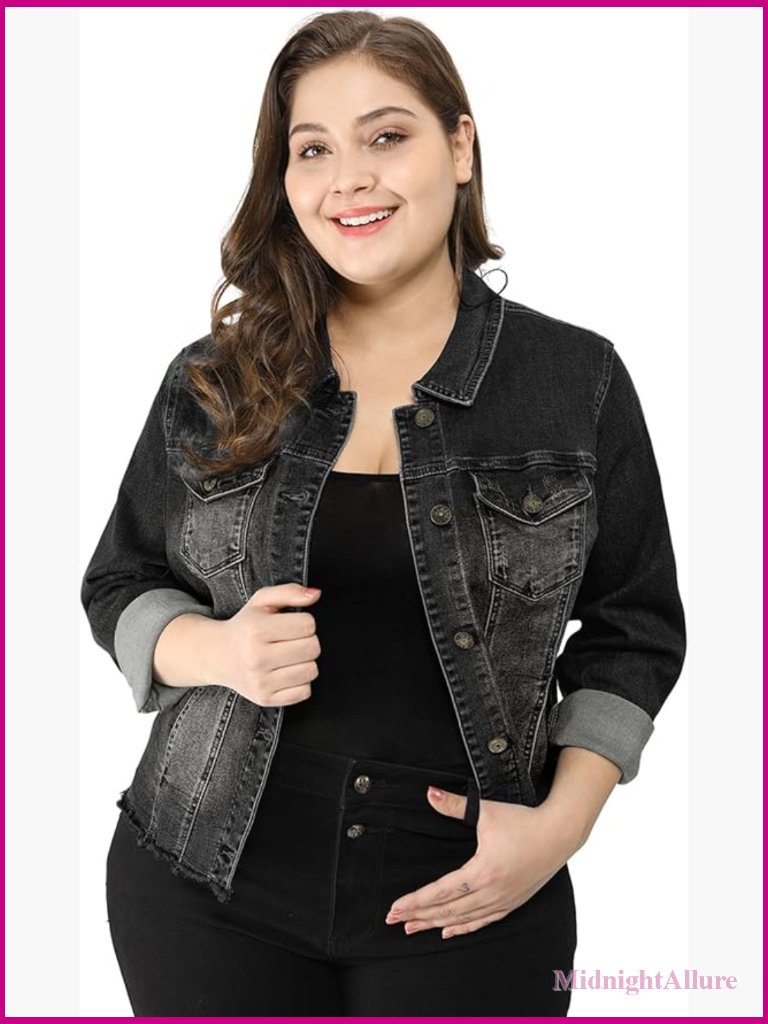 Plus Size Classic Washed Frayed Denim Jacket With Roll Up Sleeves